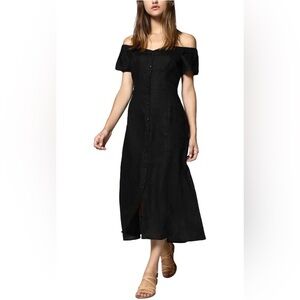 Sanctuary Black Linen Off Shoulder Midi Dress Sweetheart Puff Sleeve Chic Small